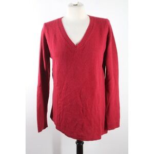 Quinn L Red V-Neck Sweater 100% Cashmere Long Sleeve High-Low Hem Holes Mend